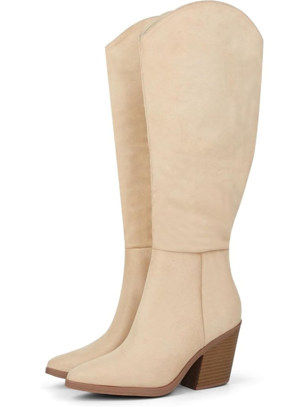 Women's Knee Thigh High Beige Chunky Block Heel Boots Pointed Toe Classic Boots